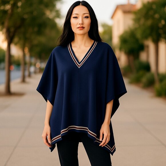 NWT House of Harlow 1960 Poncho V-Neck Navy Sweater One Size - Picture 1 of 8